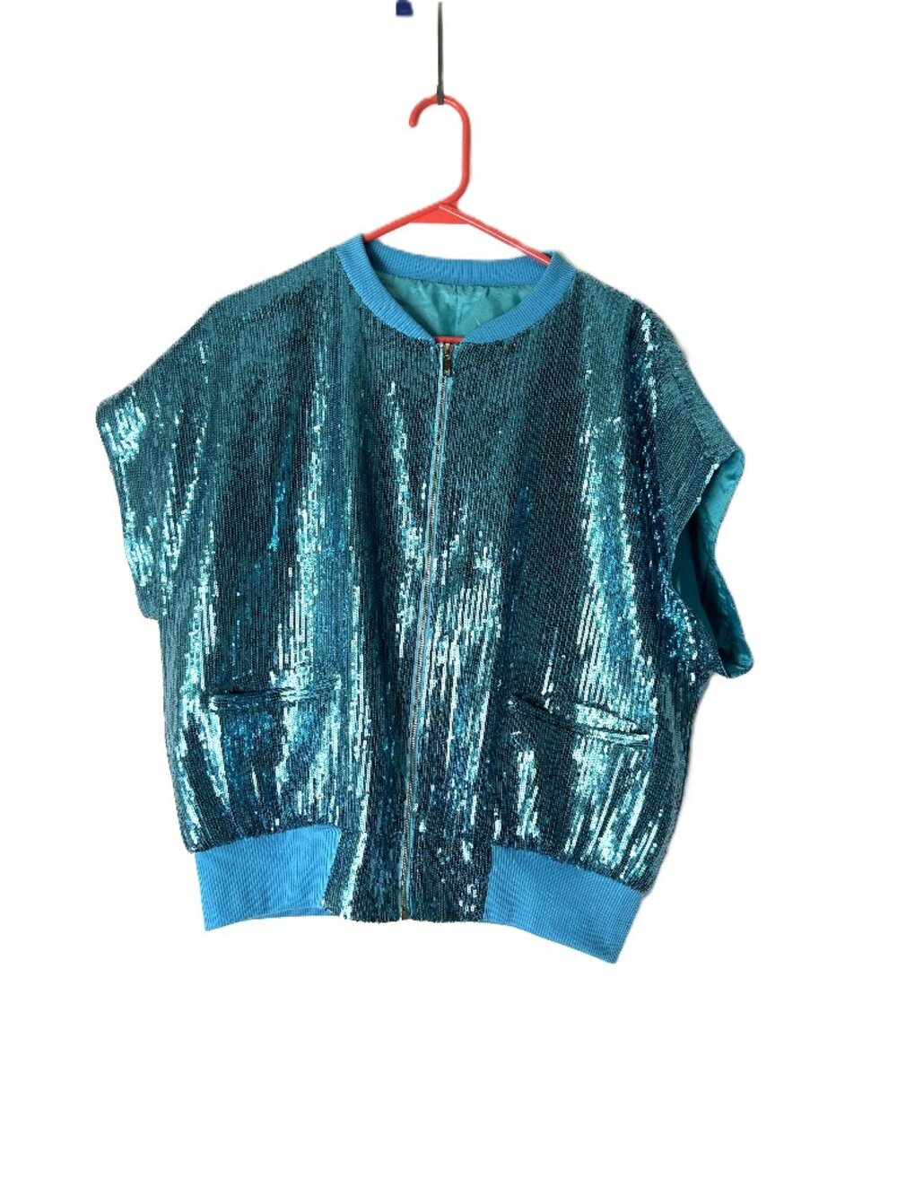 Sequin Short Sleeve Jacket Blue 2X Disco Rave